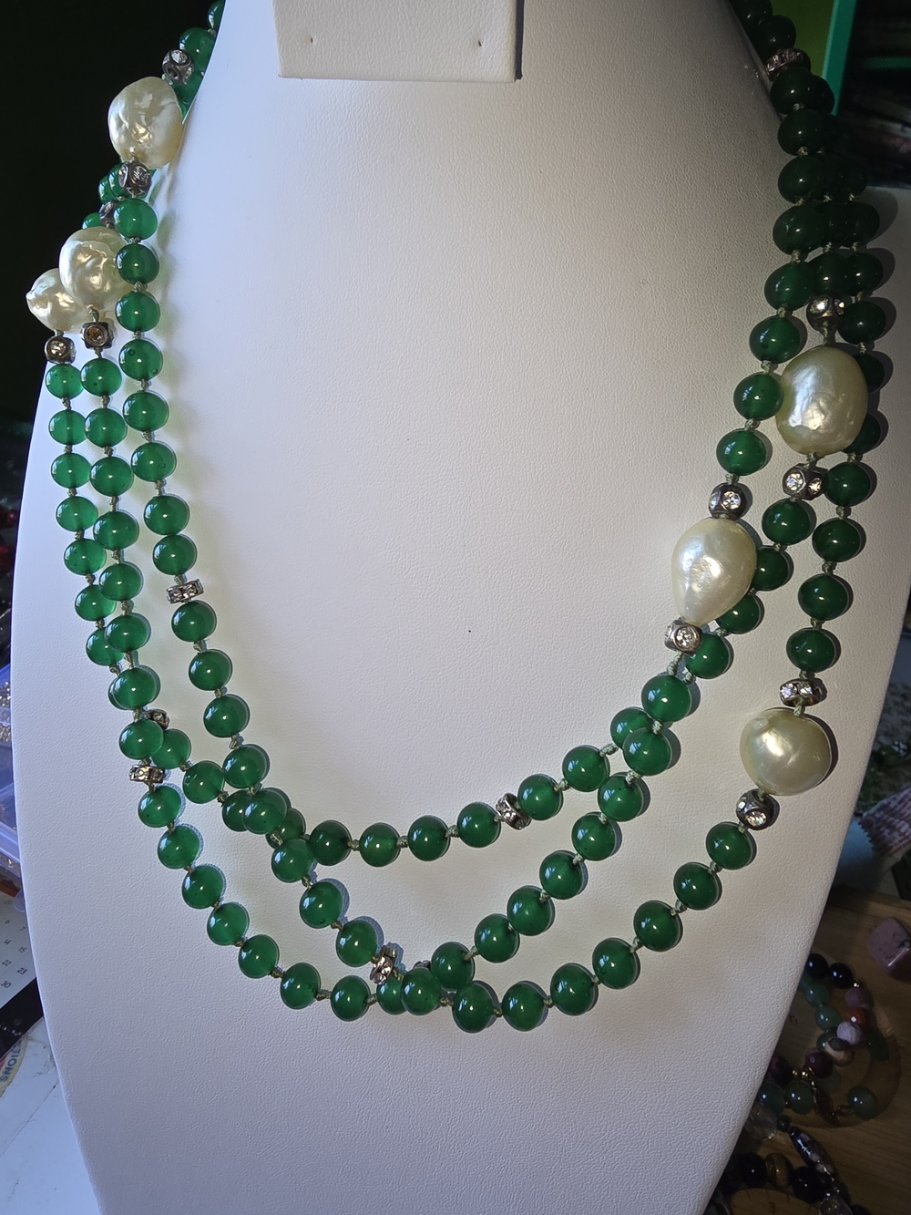 Triple-Strand Green Beaded Necklace with Pearl Accents